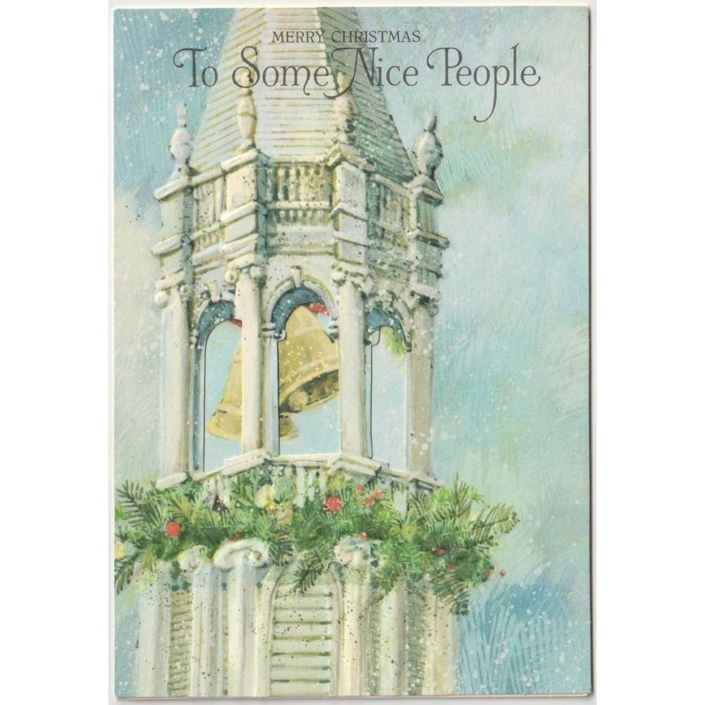 Vintage Hallmark Christmas Card Bell Tower Die Cut Embossed Signed